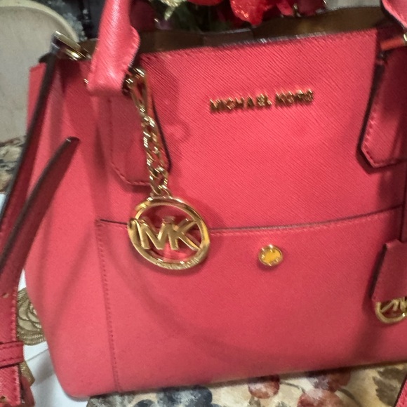 Michael Kors Coral-Pink Saffiano Satchel with MK Charm - Picture 6 of 9